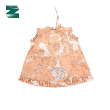 Bomullsvävd rund krage ärmlös tryckt klänning